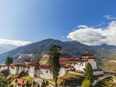 Punakha Dzong majestueux au bord des rivières Pho et Mo, entouré de collines verdoyantes