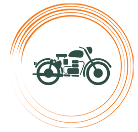 Simple circle graphic with Royal Enfield motorcycle